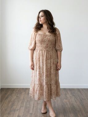 Francesca's Collections Beige Floral Smocked Dress